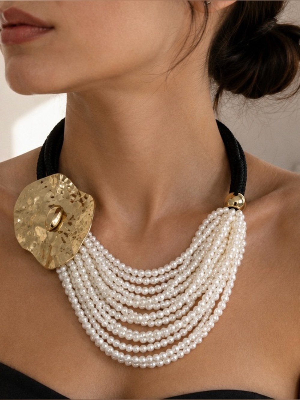 Statement Pearl Collar Necklace Gold Hammered Accent Multi Strand Necklace